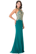 Embroidered Neck Halter Jersey Long Dress
