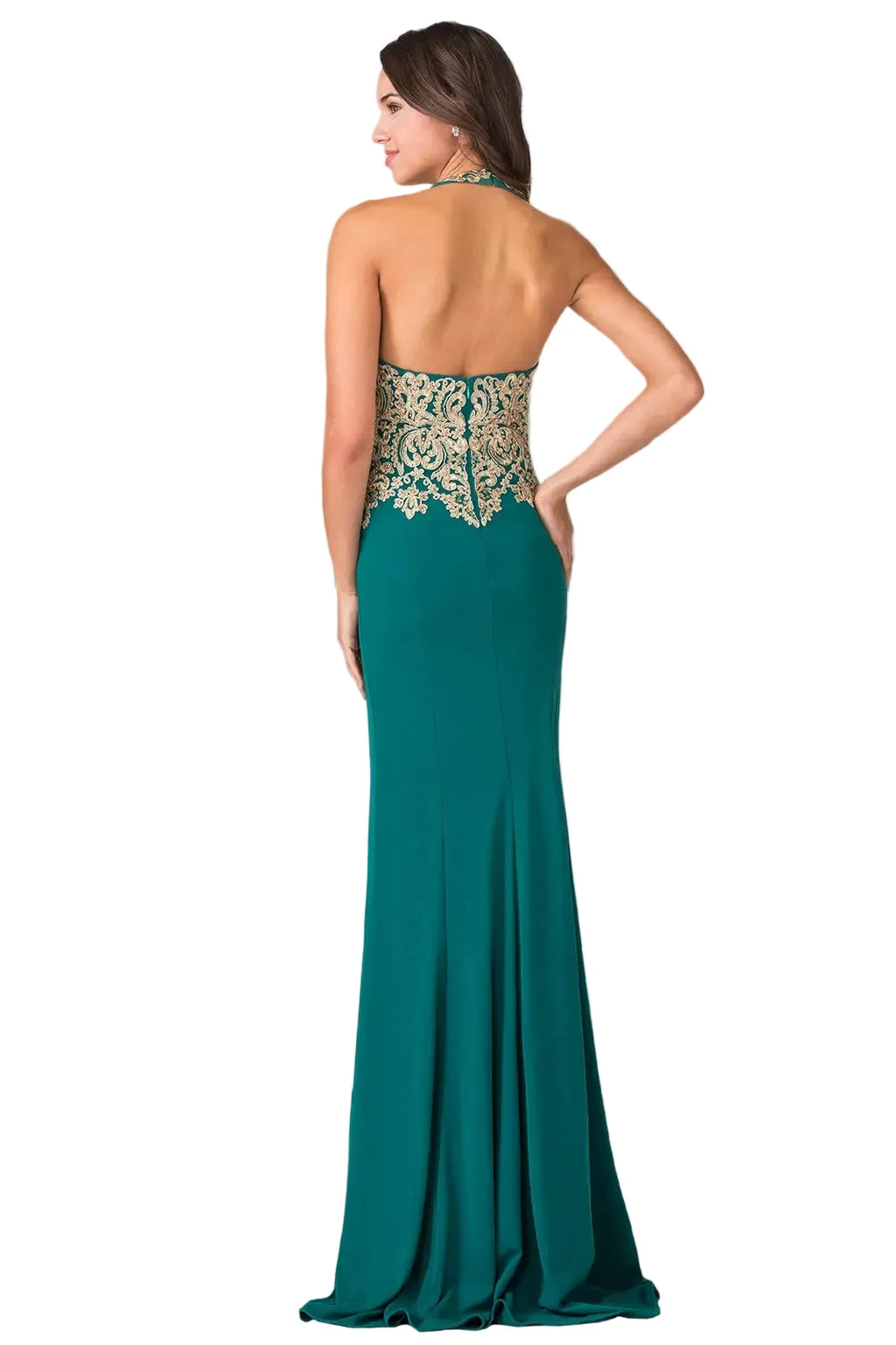 Embroidered Neck Halter Jersey Long Dress
