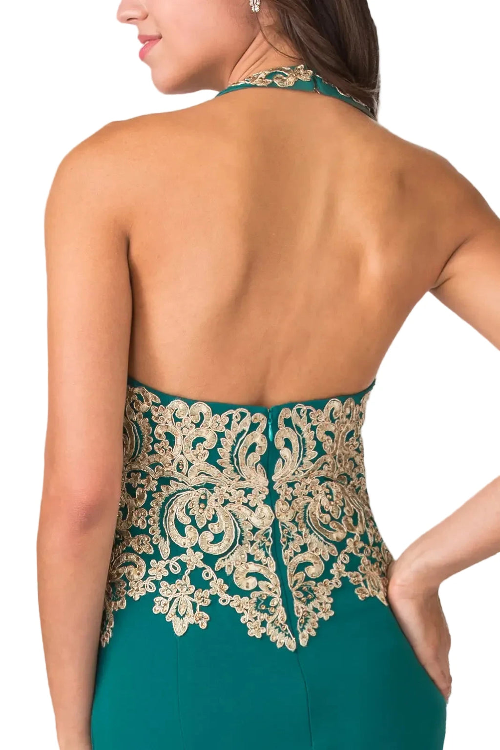 Embroidered Neck Halter Jersey Long Dress