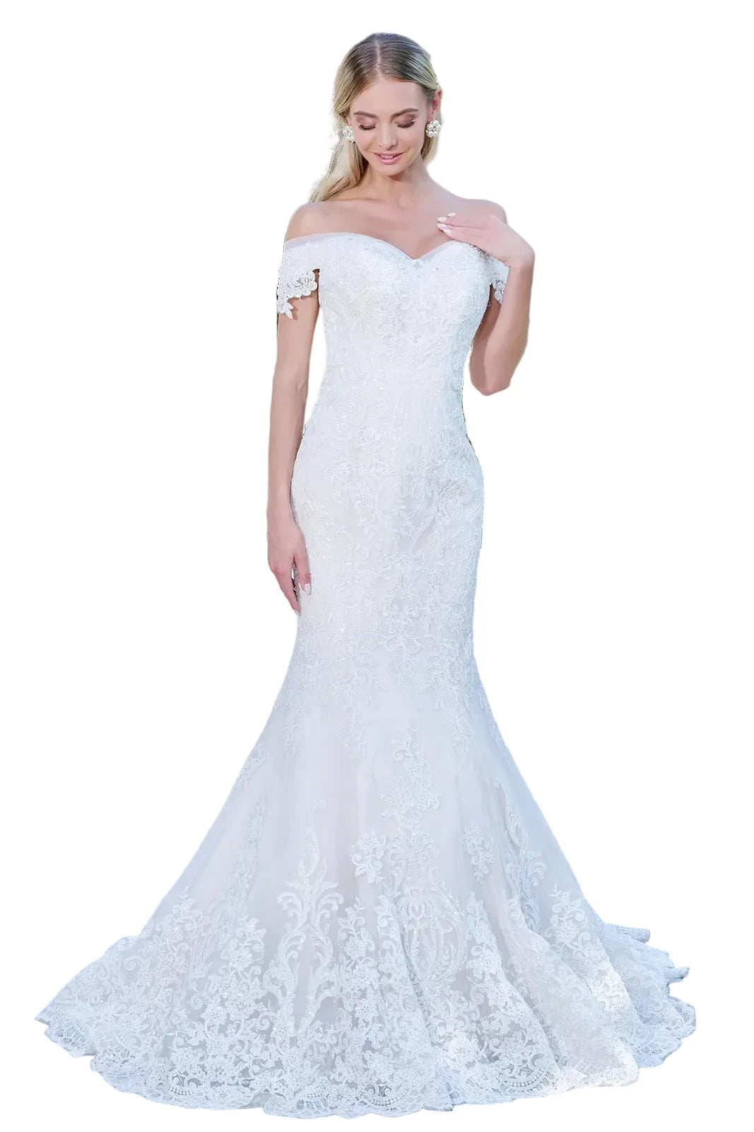Cut-Away Shoulder Embroidered Wedding Gown