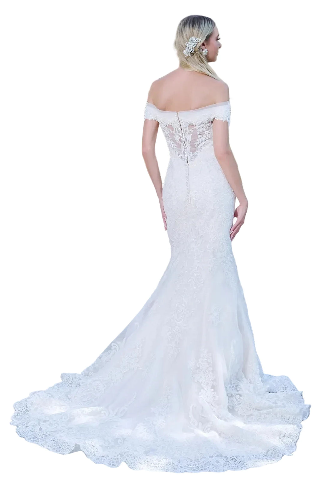 Cut-Away Shoulder Embroidered Wedding Gown