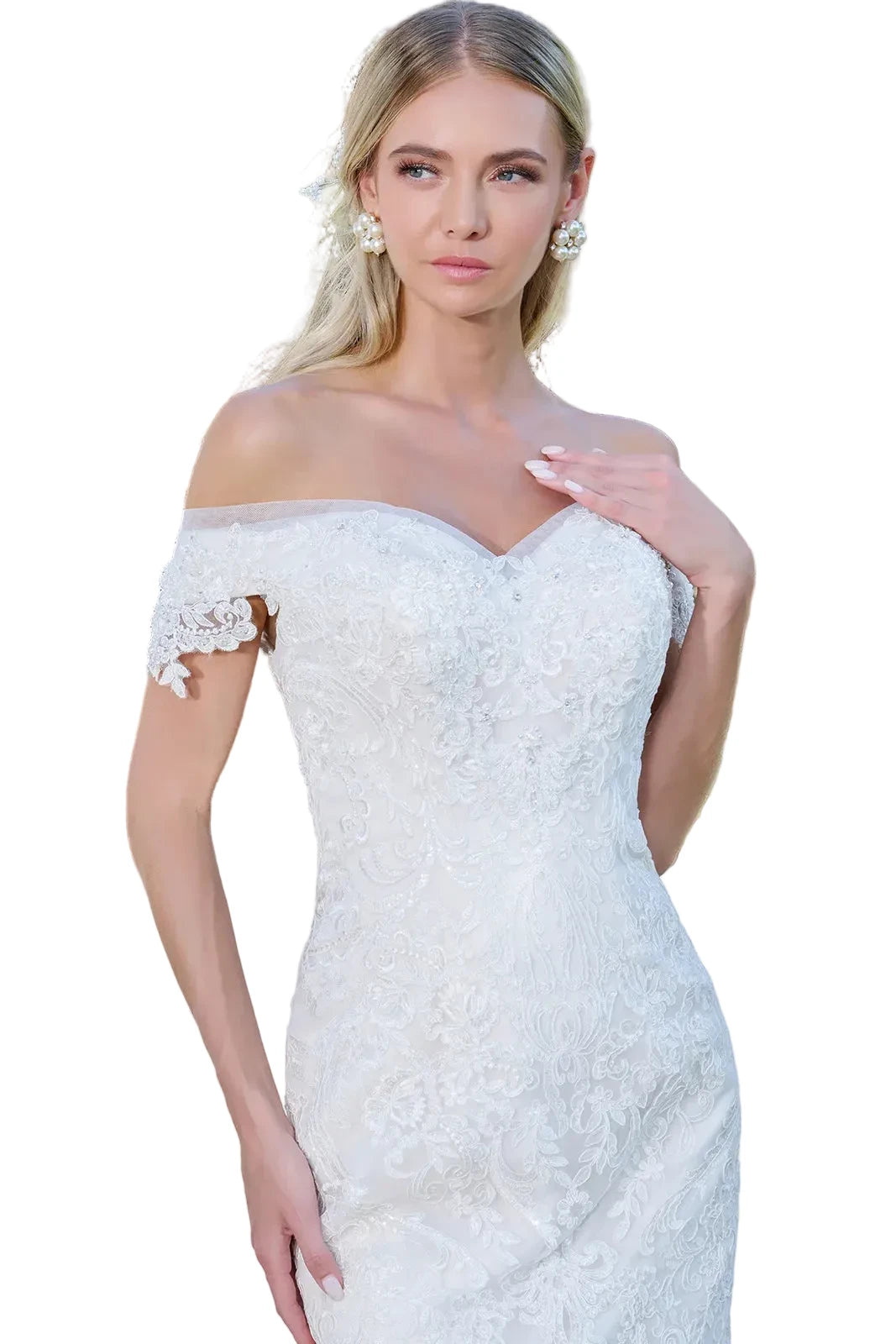 Cut-Away Shoulder Embroidered Wedding Gown