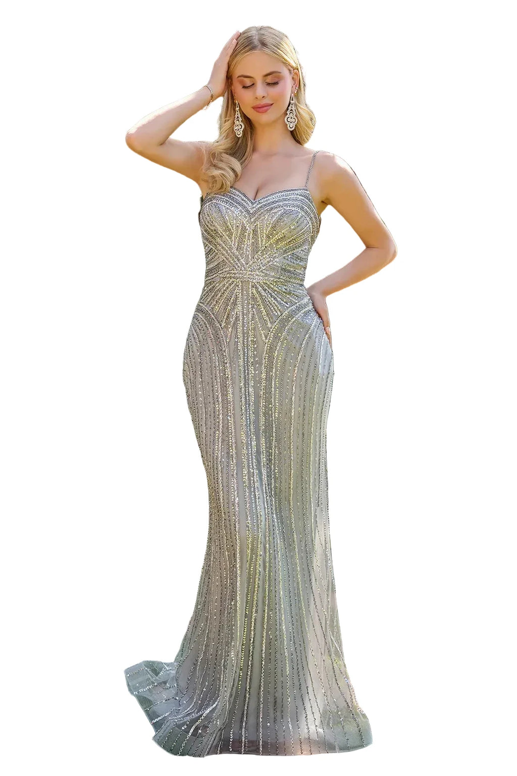 Jewel & Sequin Fitted V-Neck Prom Dress