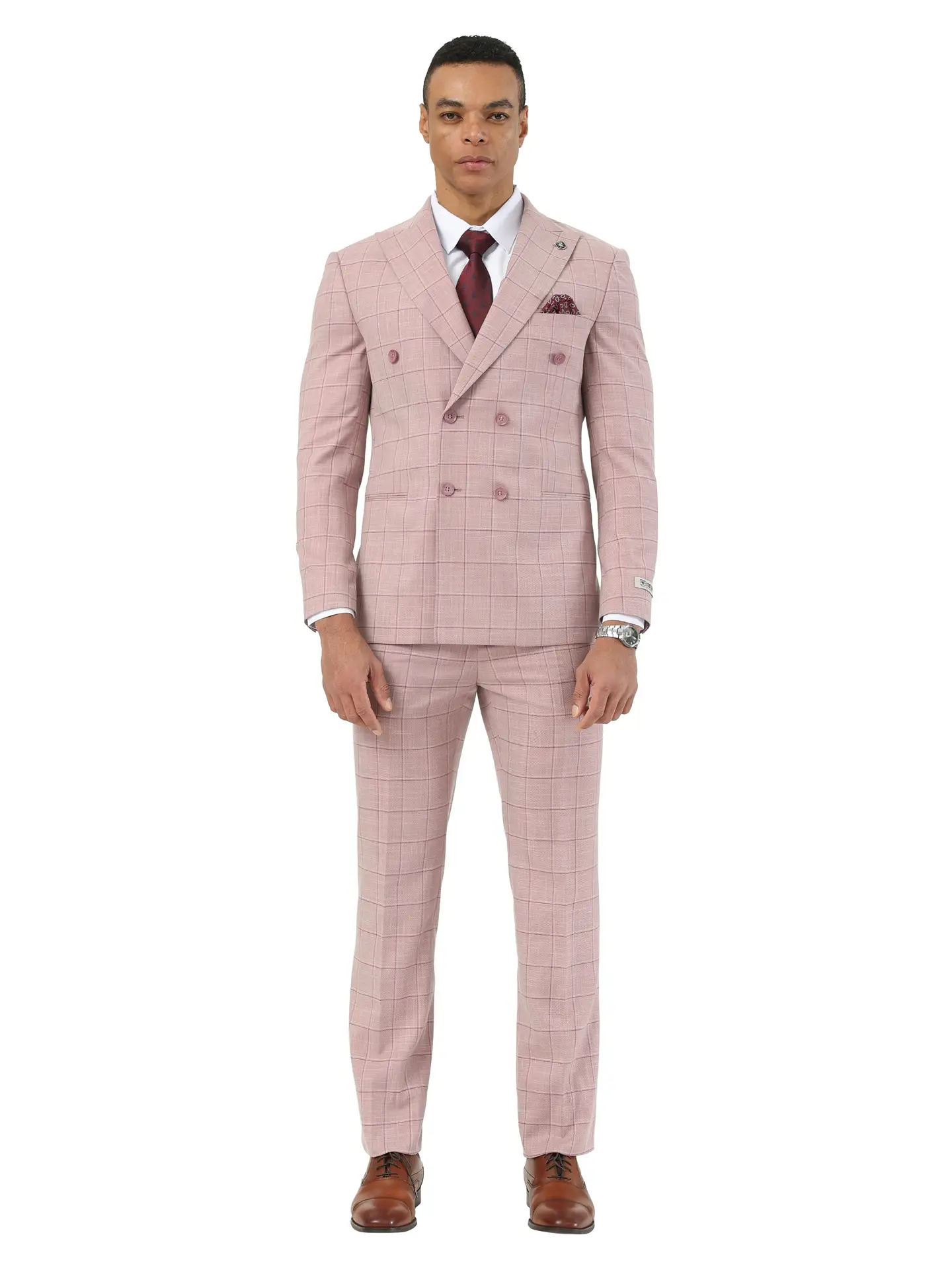 Stacy Adams Double Breasted Windowpane Suit Set, Pink