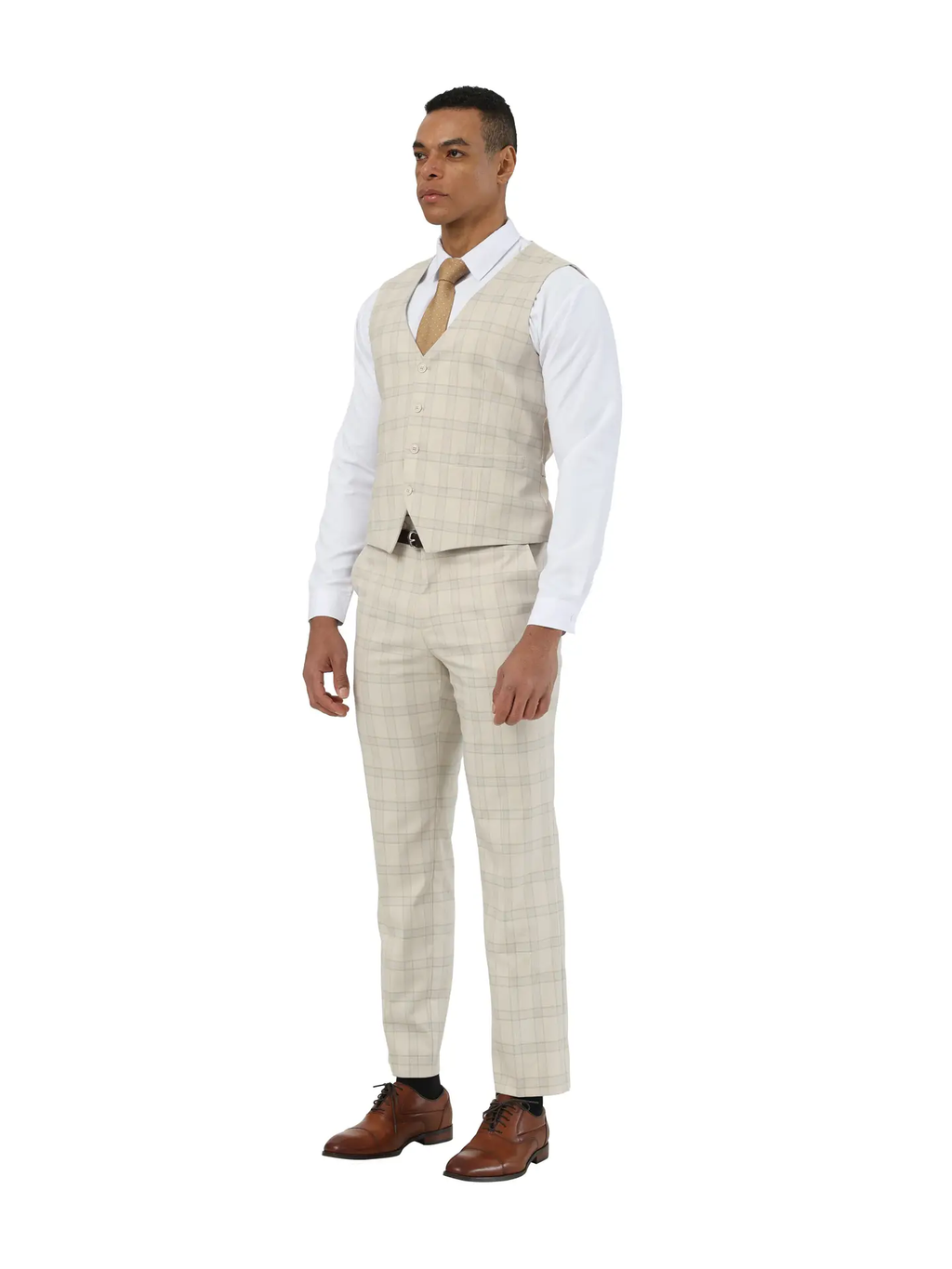 Stacy Adams Plaid Textured 3pc Suit Set, Beige
