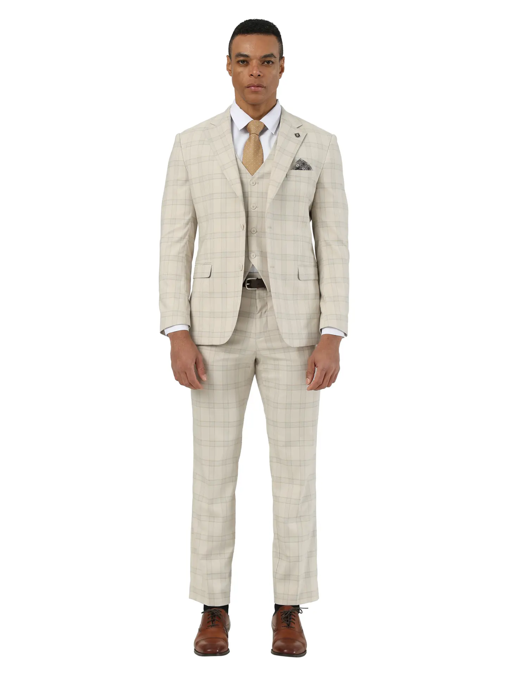 Stacy Adams Plaid Textured 3pc Suit Set, Beige