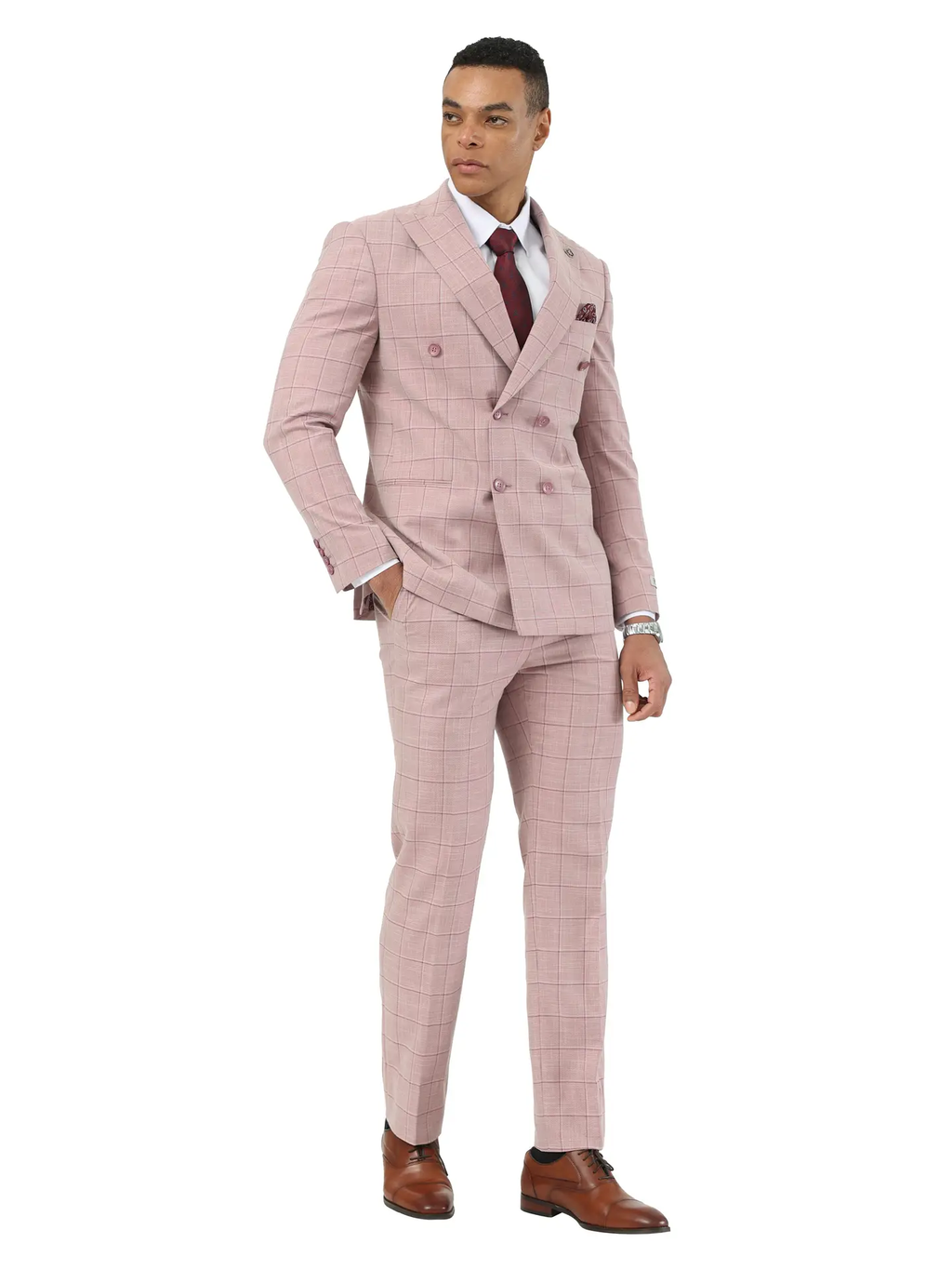 Stacy Adams Double Breasted Windowpane Suit Set, Pink
