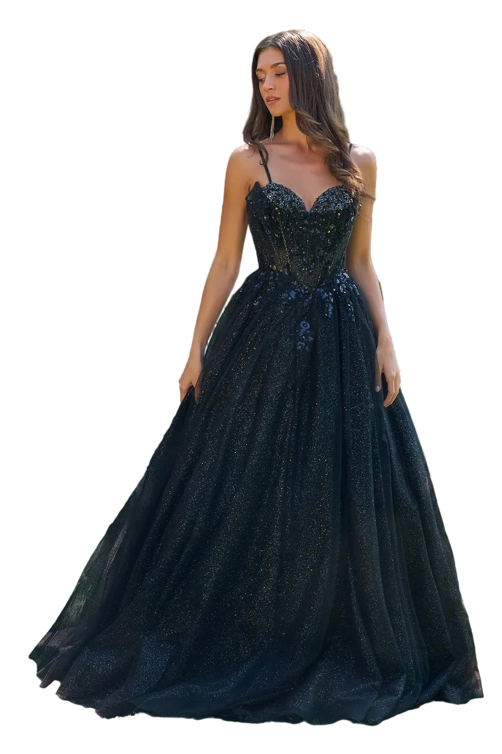 Spaghetti Strap V-Neck Glitter A-Line Dress with Corset Cover
