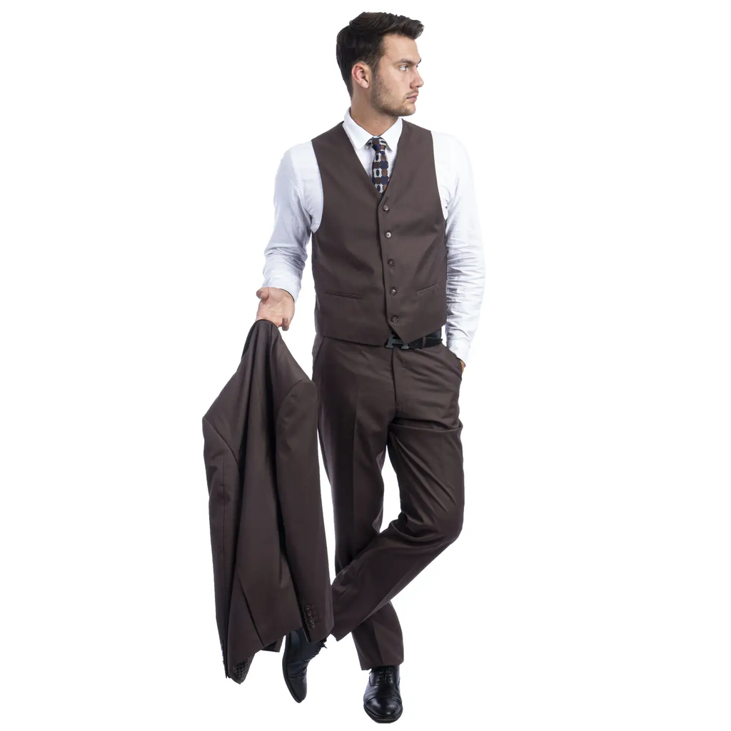 Mens Suit Premium Wool 3pc Modern Fit w/ Vest, Cocoa