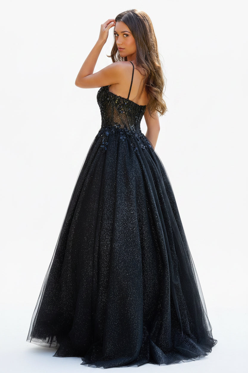 Spaghetti Strap V-Neck Glitter A-Line Dress with Corset Cover