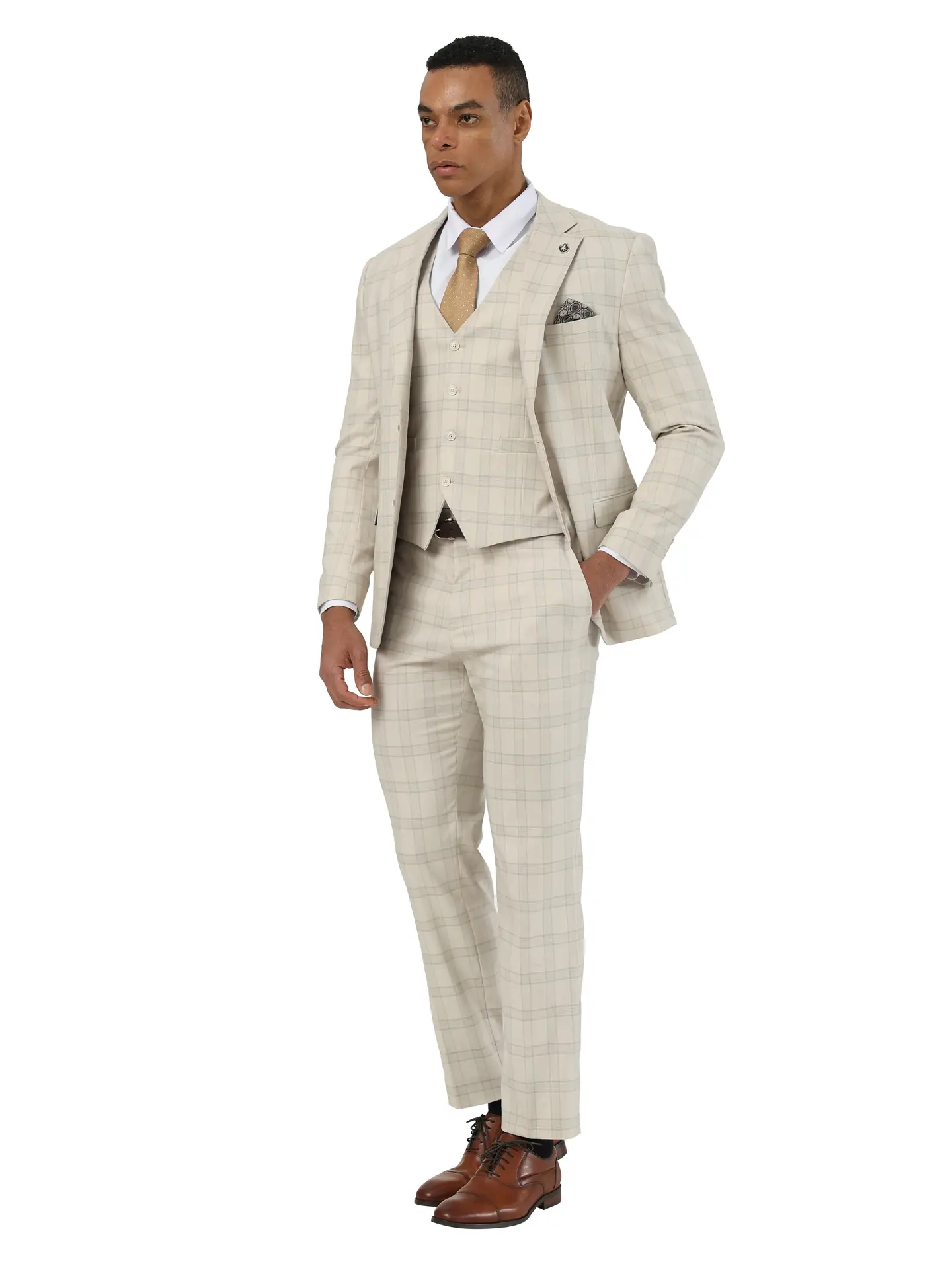 Stacy Adams Plaid Textured 3pc Suit Set, Beige