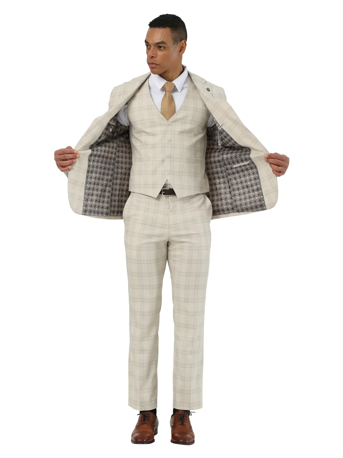 Stacy Adams Plaid Textured 3pc Suit Set, Beige