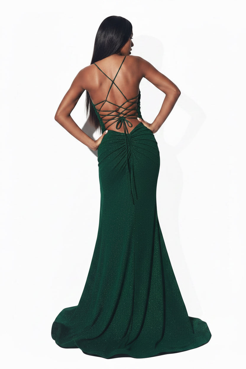 Emerald Sparkly Stretch Fitted Lace Up Gown