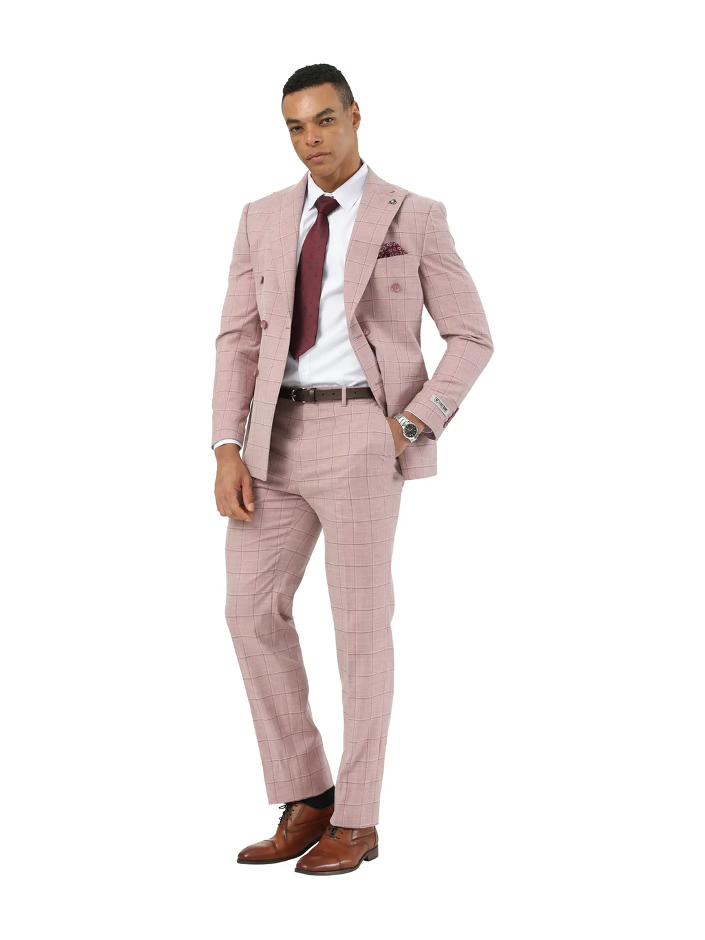 Stacy Adams Double Breasted Windowpane Suit Set, Pink